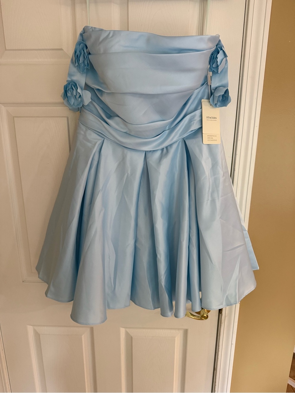 Stacies Light Blue Satin Flower Strapless Dress